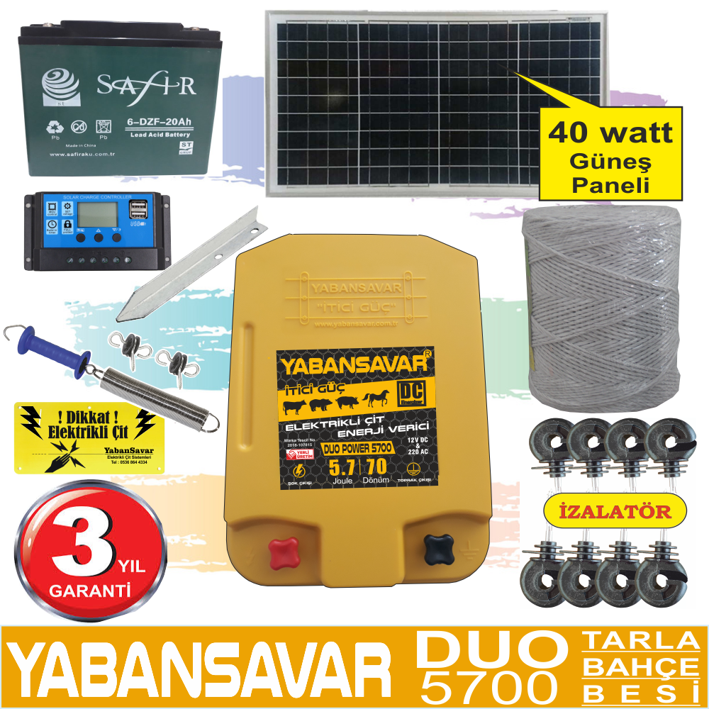 Elektrikli Çit,YabanSavar DUO Power 5700,Solar 50 Watt,Arıcı Seti