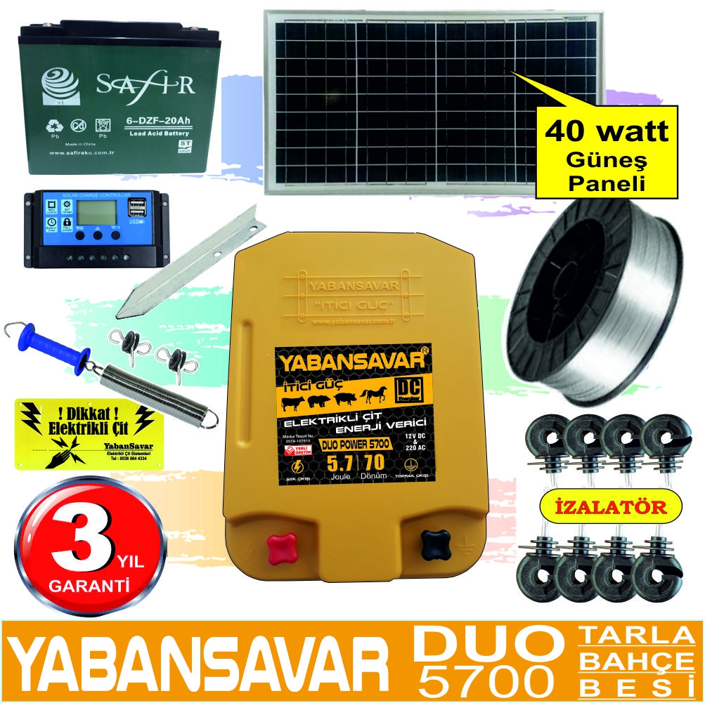 Elektrikli çit, Solar 42 Watt, YabanSavar DUO Power 5700, Tarla, Bahçe, Besi.